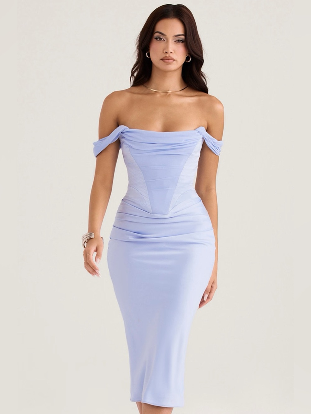 House of CB Natalya Sky Satin Corset Midi Dress Medium